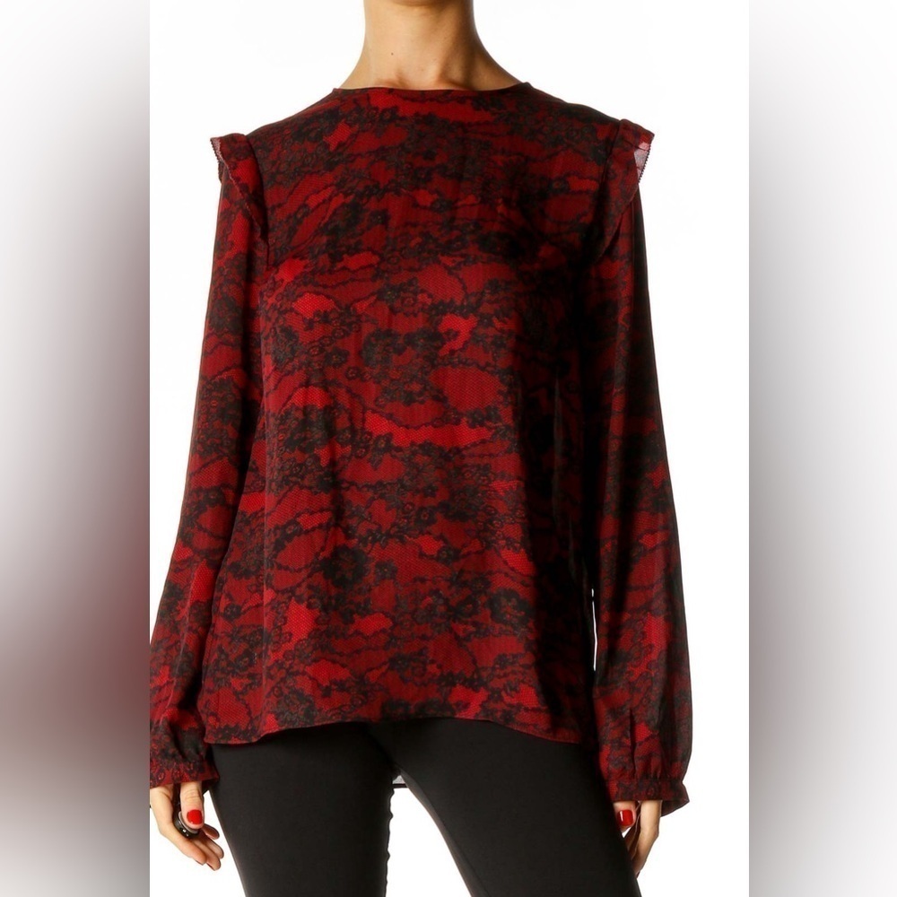 Michael Kors Retro Red Long Sleeve Lace Pattern Top size L